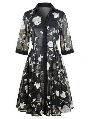Gracia Black Mesh White Floral Embroidered Sheer Dress Button Front Sz.Small